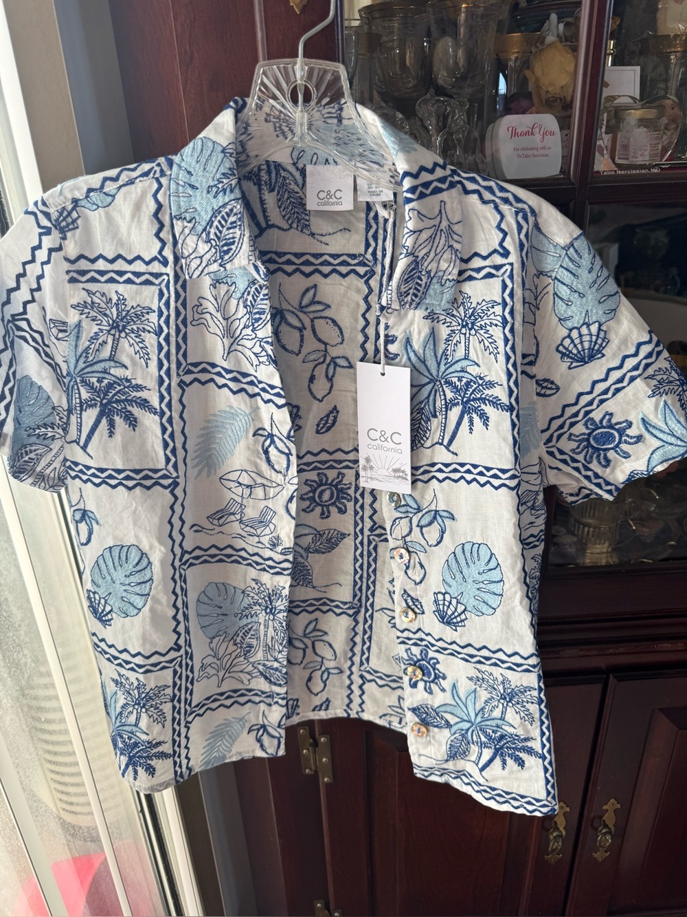 C&C California White Button-Down Shirt with Blue Tropical Print